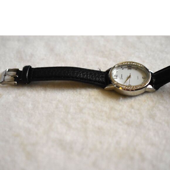 Geneva Snazzy Silver Tone Rhinestone Accent Black Band New Battery Watch - Picture 3 of 4